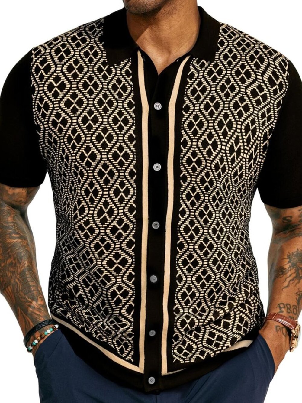 Men's Black Short Sleeve 70s Vintage Polo Contrast Knit Retro Top Casual Shirt - Picture 1 of 6